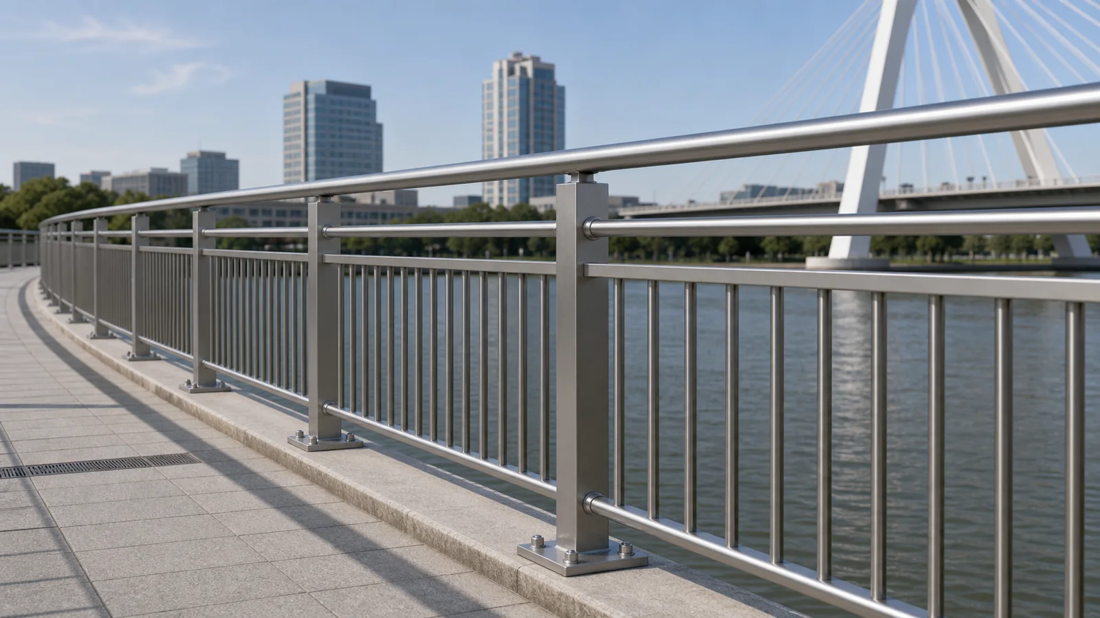 Pedestrian bridge railing with posts, rails and base plates visual