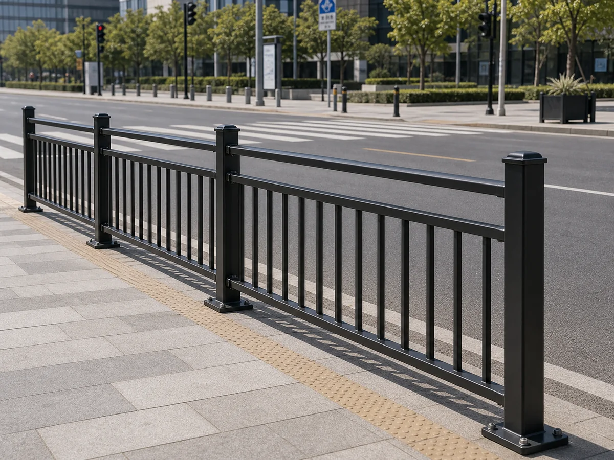 City street pedestrian guardrail product visualization