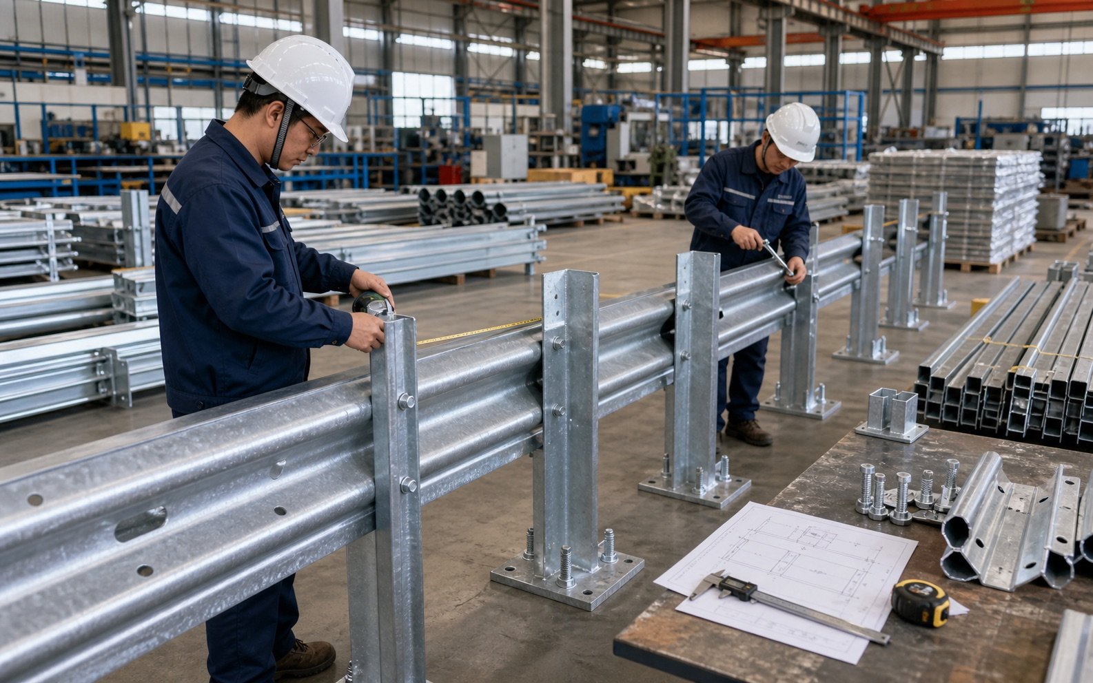 Bridge anti-collision guardrail quality inspection and pre-assembly scene