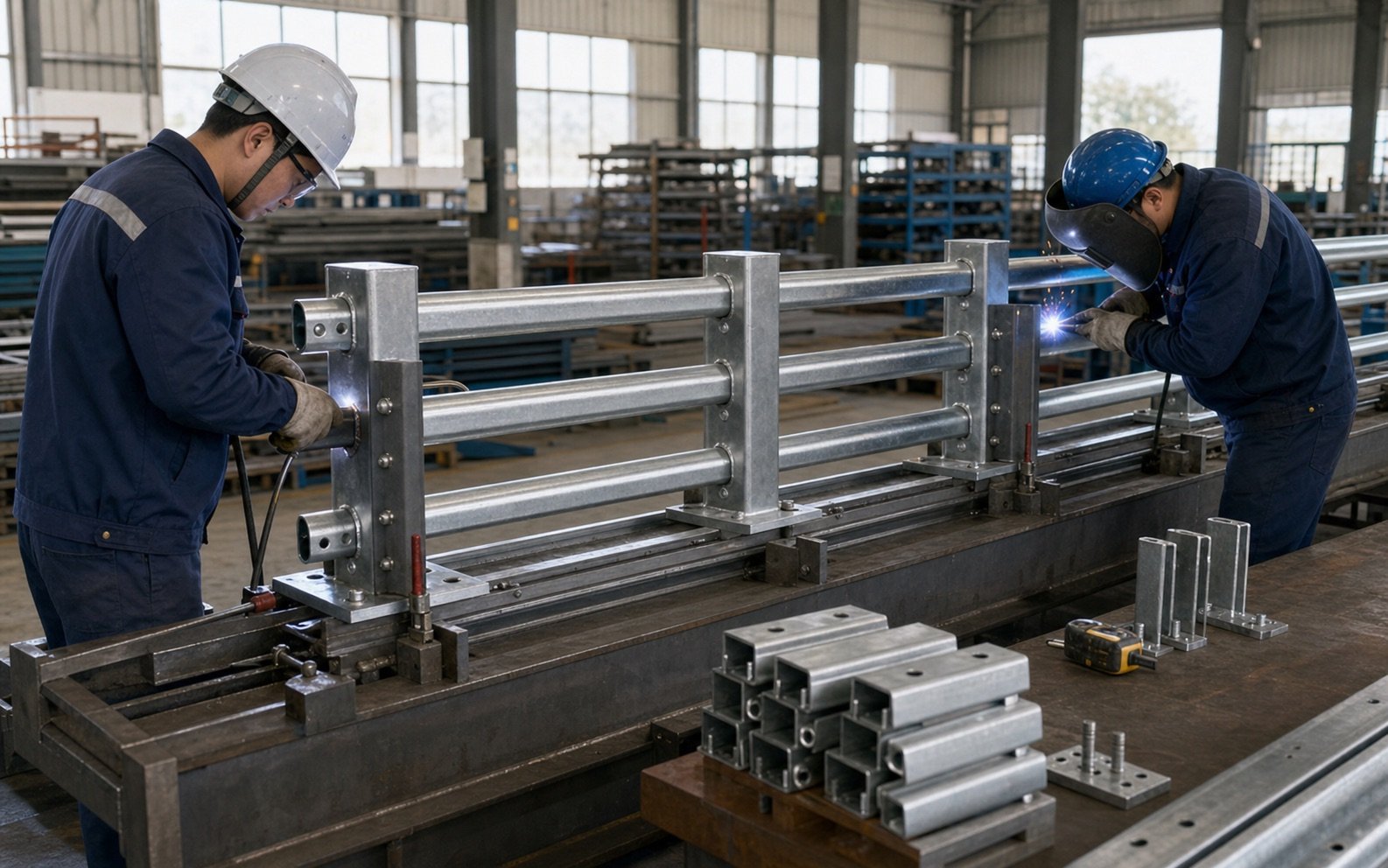 Bridge anti-collision guardrail welding and assembly production scene