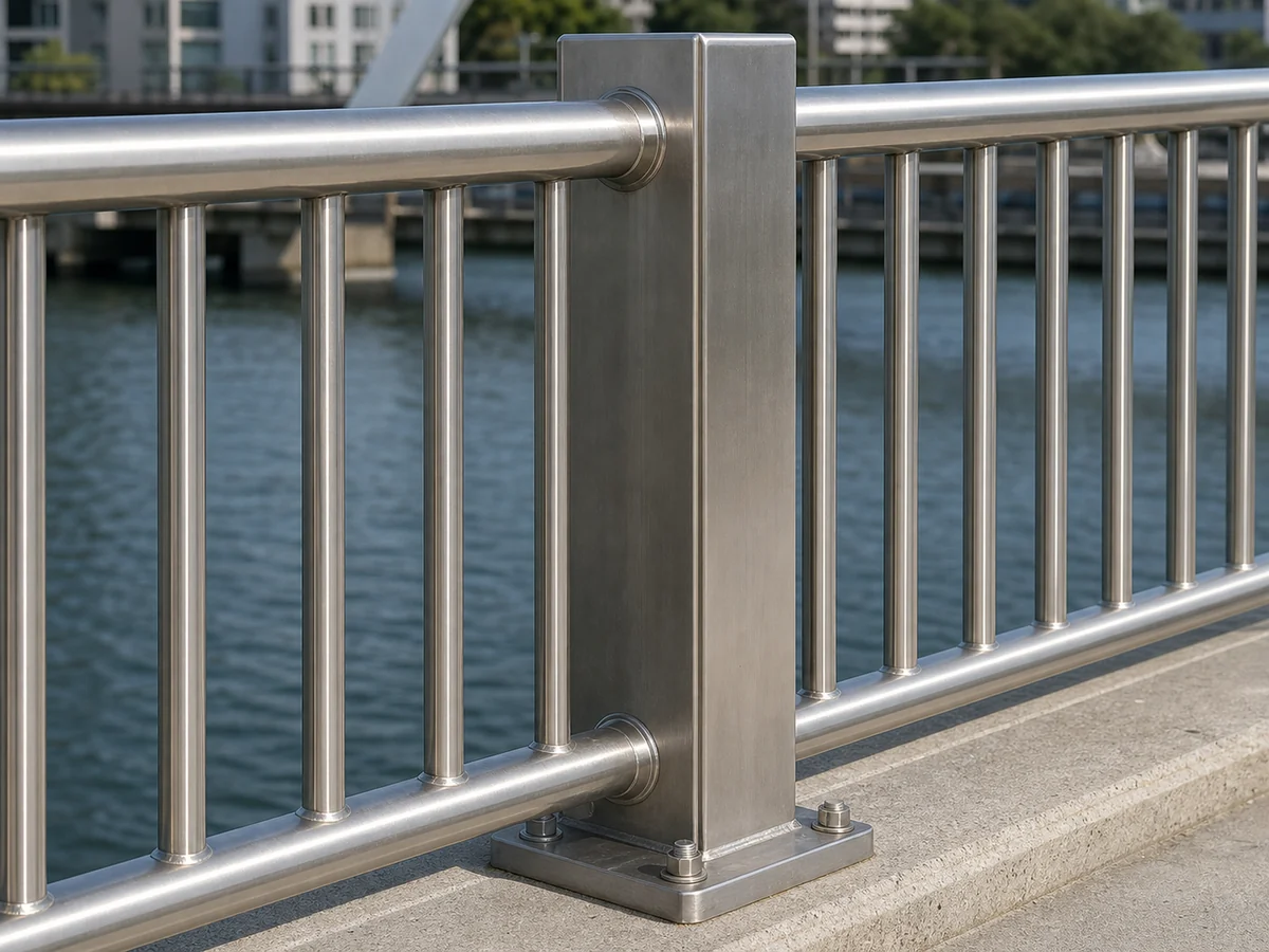 Post and rail connection detail for pedestrian guardrail
